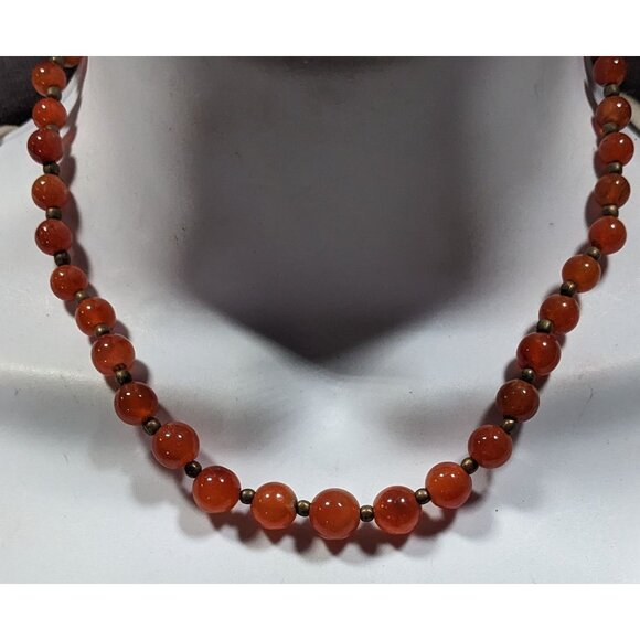 Vintage Polished Carnelian Beaded Necklace With Gold Tone Accent Beads - Picture 2 of 6